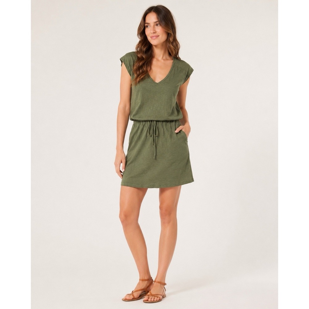 Boden Olive Green V Neck Drawstring Slub Cotton Mini T Shirt Dress Coastal 4R